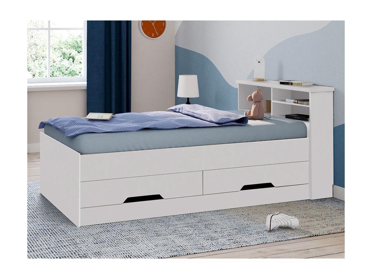 Vente-unique Letto singolo con cassetti e vani portaoggetti bianco  BORIS + materasso compreso  