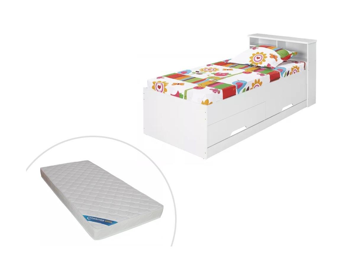 Vente-unique Letto singolo con cassetti e vani portaoggetti bianco  BORIS + materasso compreso  