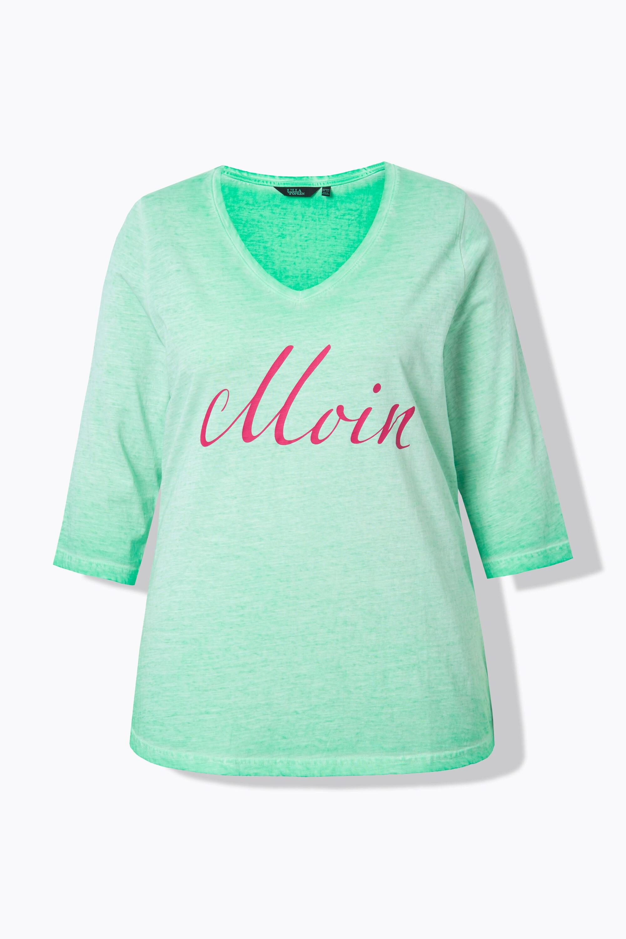 Ulla Popken  T-shirt col en V et manches 3/4. Imprimé « salut ». Teinture à froid (cold-dyed). 