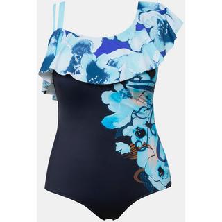 Ulla Popken  Maillot de bain à fleurs, bonnets souples et volant. Décolleté asymétrique 