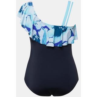 Ulla Popken  Maillot de bain à fleurs, bonnets souples et volant. Décolleté asymétrique 