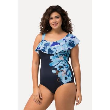 Maillot de bain à fleurs, bonnets souples et volant. Décolleté asymétrique