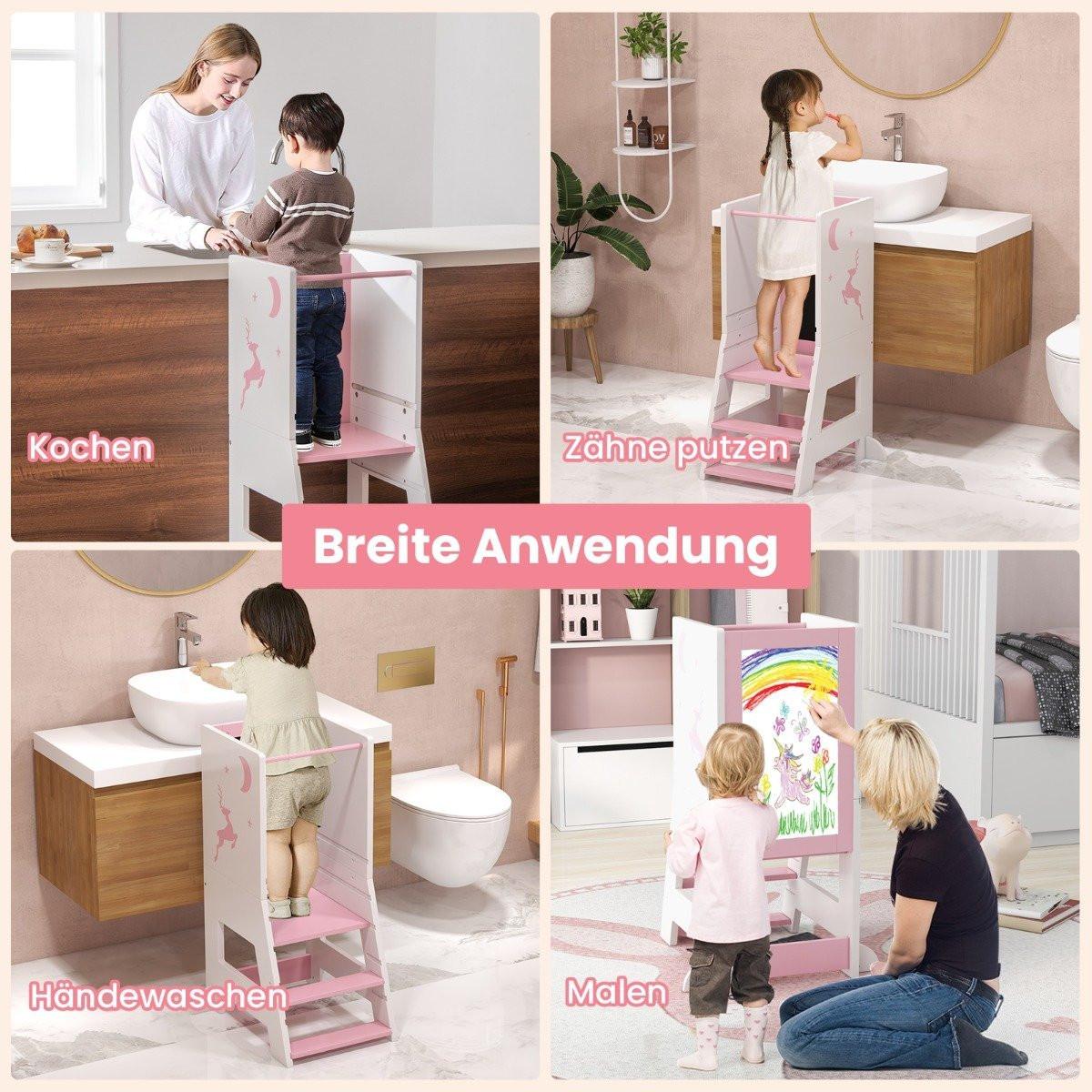 B2X Torre didattica per bambini 2 in 1 con pannello bifacciale e amp; Sgabello da cucina a 3 altezze regolabili Sgabello con gradino Rosa  