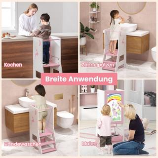 B2X Torre didattica per bambini 2 in 1 con pannello bifacciale e amp; Sgabello da cucina a 3 altezze regolabili Sgabello con gradino Rosa  