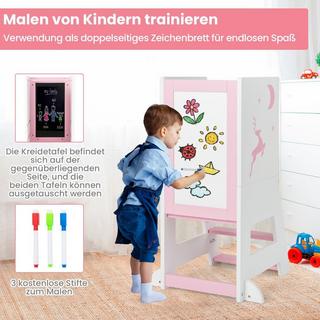 B2X Torre didattica per bambini 2 in 1 con pannello bifacciale e amp; Sgabello da cucina a 3 altezze regolabili Sgabello con gradino Rosa  