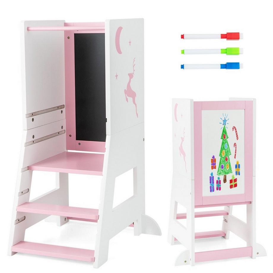 2 in 1 Kinder Lernturm mit Doppelseitiger Tafel & 3 Verstellbare Höhen Küchenhocker Trittschemel Rosa