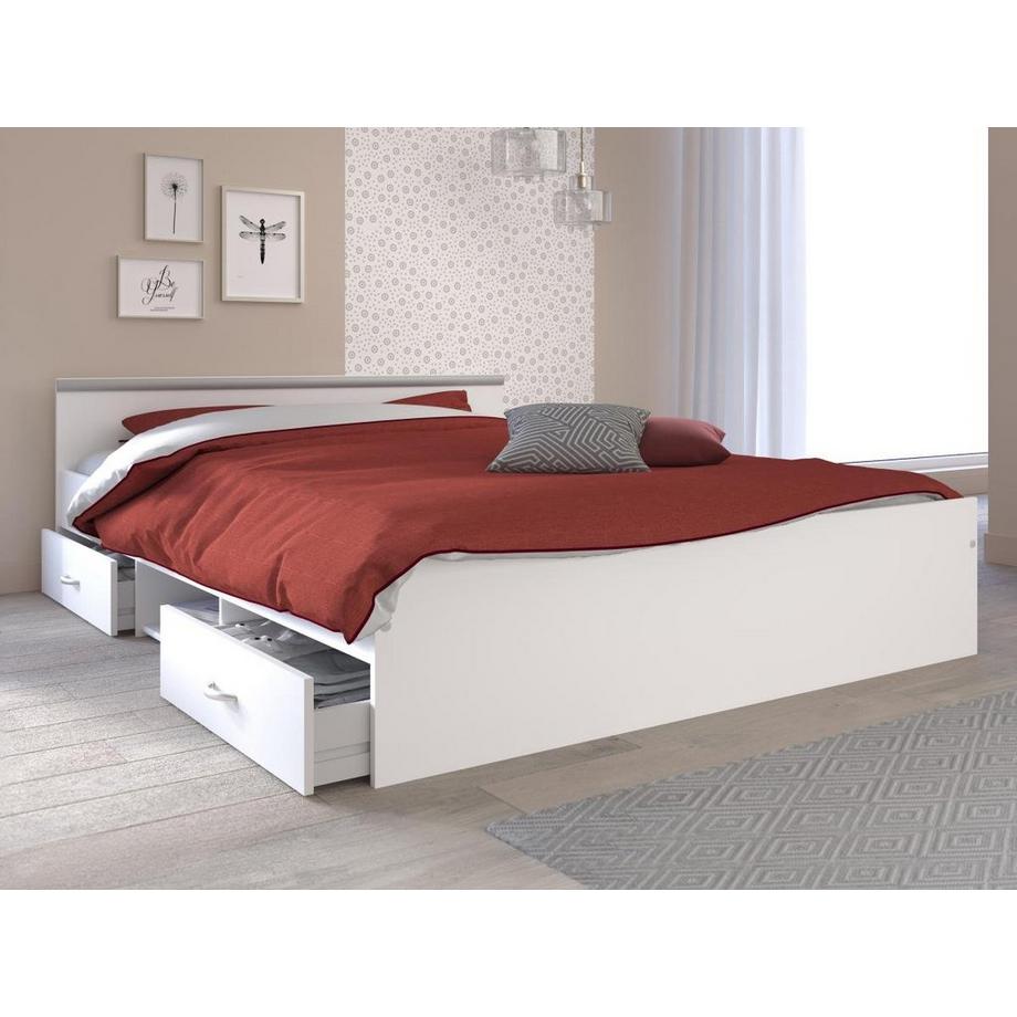 Vente-unique Letto con vani portaoggetti 140 x 190 cm 2 cassetti e 1 nicchia Bianco + Rete - PABLO  