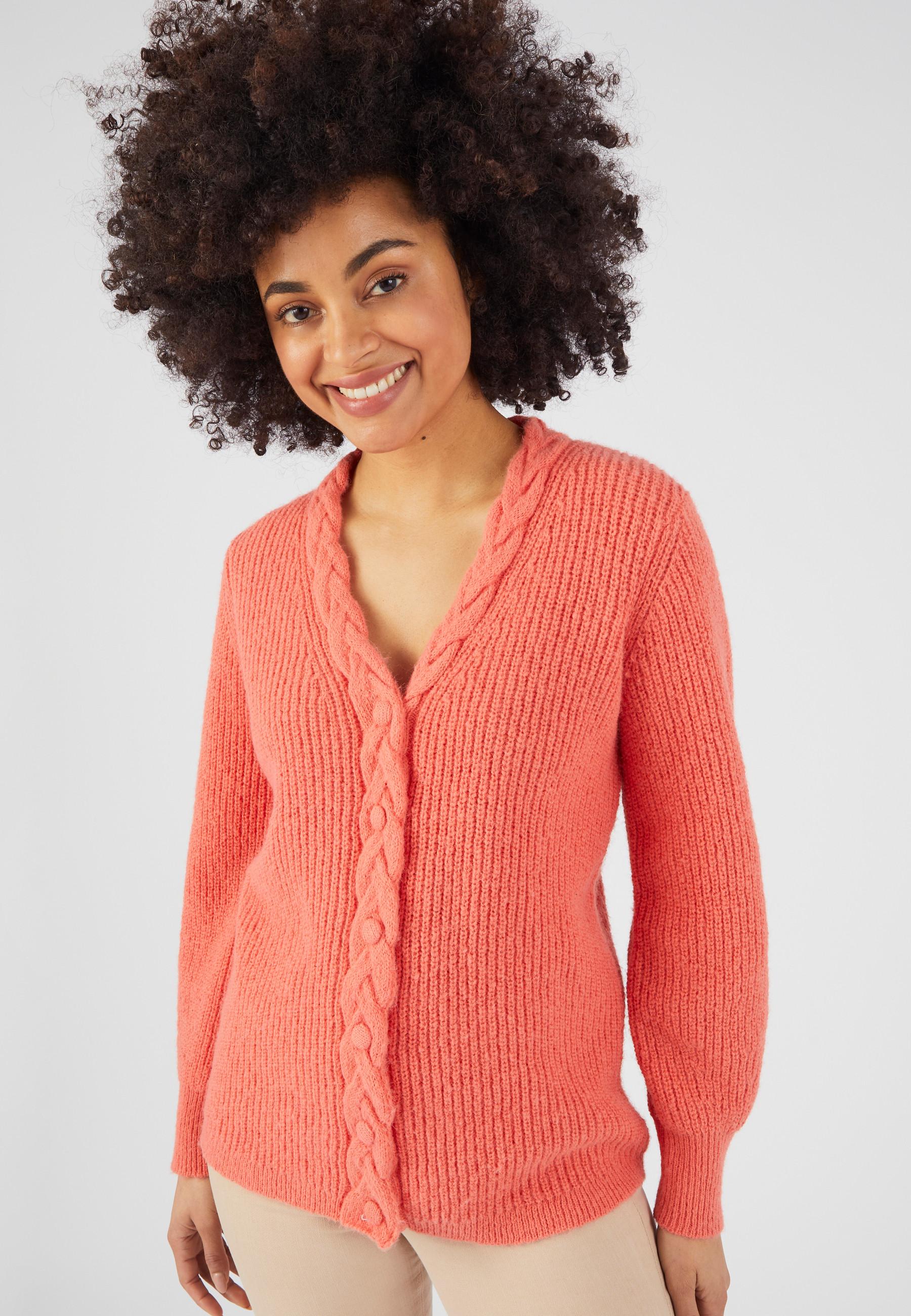 Image of Warme Strickjacke Perlenstrick Knopfleiste Im Zopfmuster Thermolactyl Damen Rosa 50/52