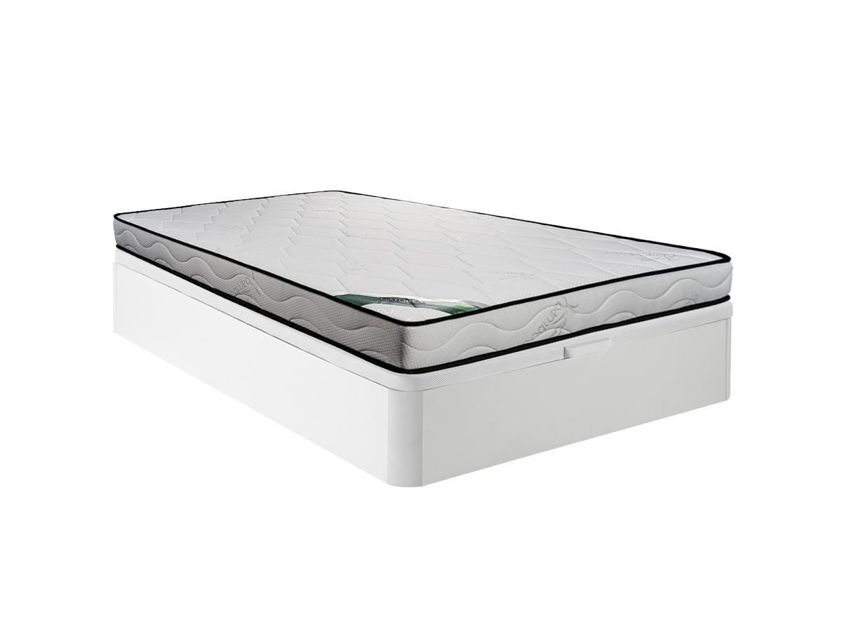 Image of Set aus Bettgestell mit Bettkasten + Schaumstoffmatratze - 160 x 200 cm - Bambusbezug - Stärke 15 cm - Weiß - KANANI von NATUREA Set aus Bettgestell mit Bettkasten + Schaumstoffmatratze - 160 x 200 cm - Bambusbezug - Stärke 15 cm - Weiß - KANANI von NATUR