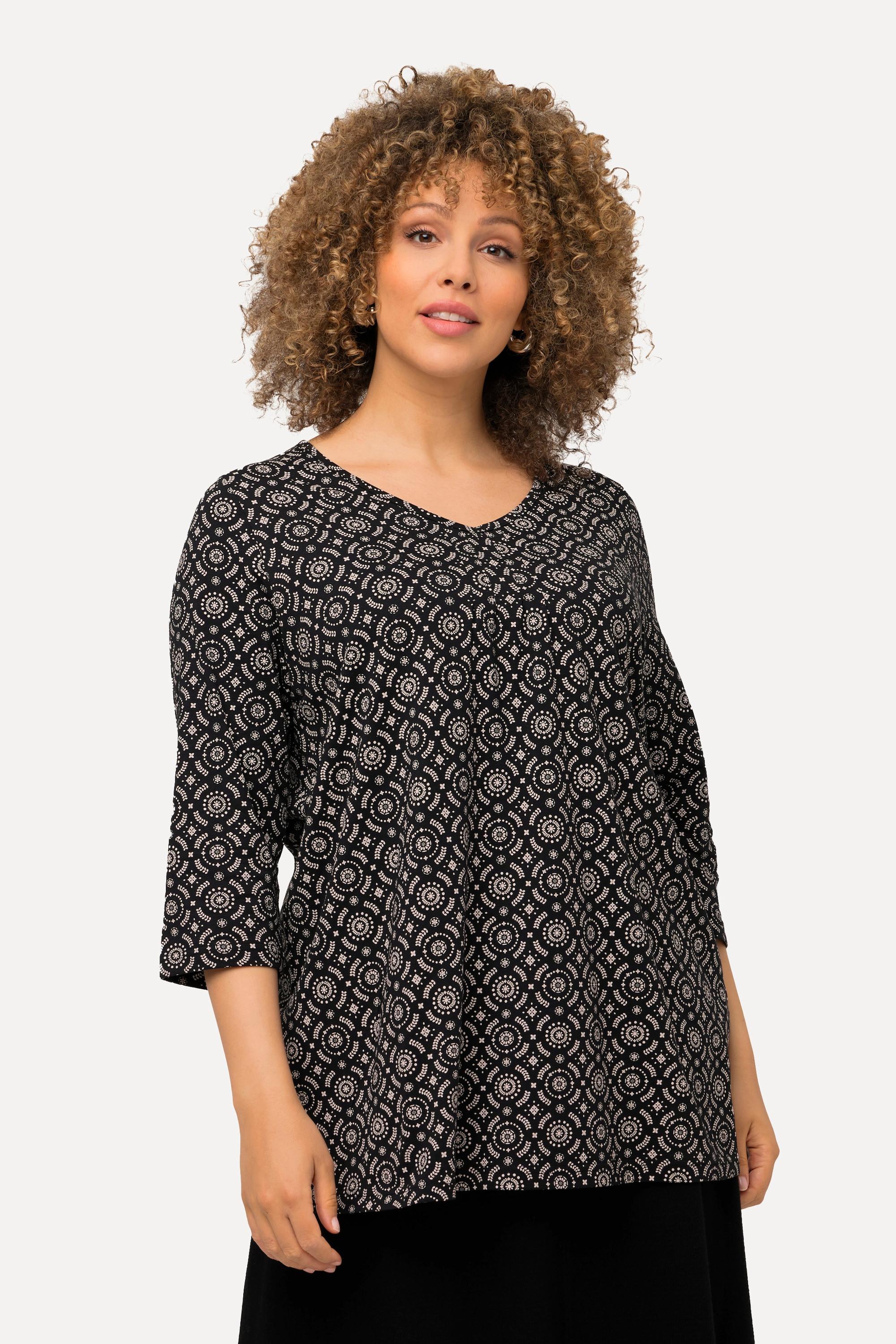 Ulla Popken  Shirt, A-Linie, Zierfalten, V-Ausschnitt, 3/4-Arm 