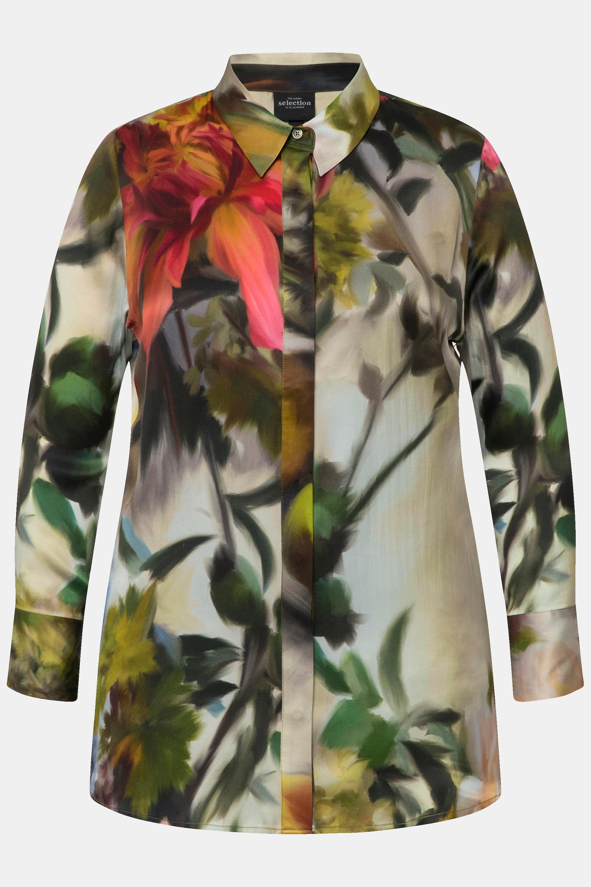 Ulla Popken  Chemisier en soie, motif roses, manches longues et col chemise 