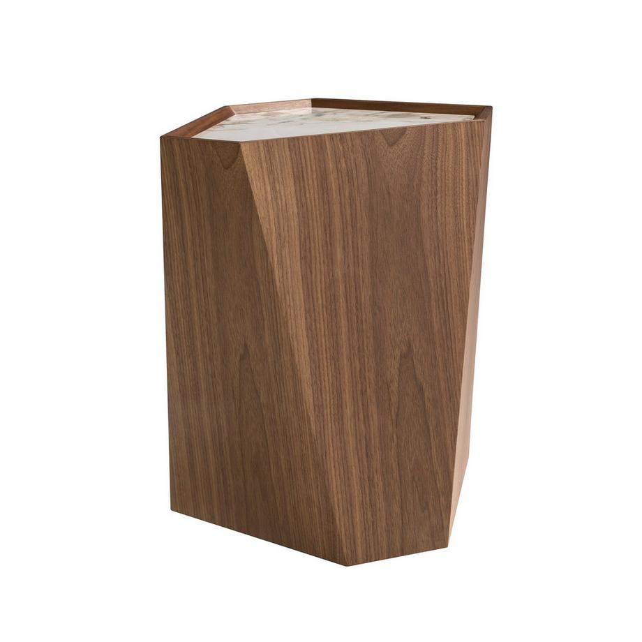 ANGEL CERDA Table d'angle triangulaire en porcelaine, marbre et noyer  