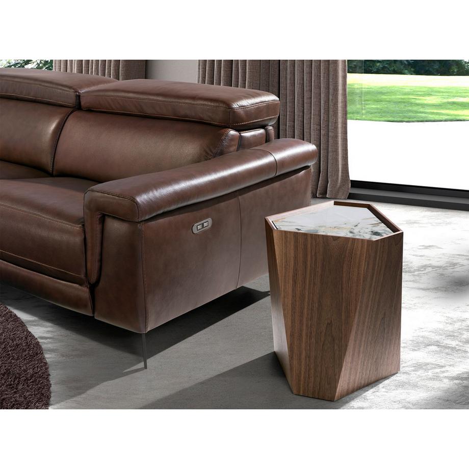 ANGEL CERDA Table d'angle triangulaire en porcelaine, marbre et noyer  