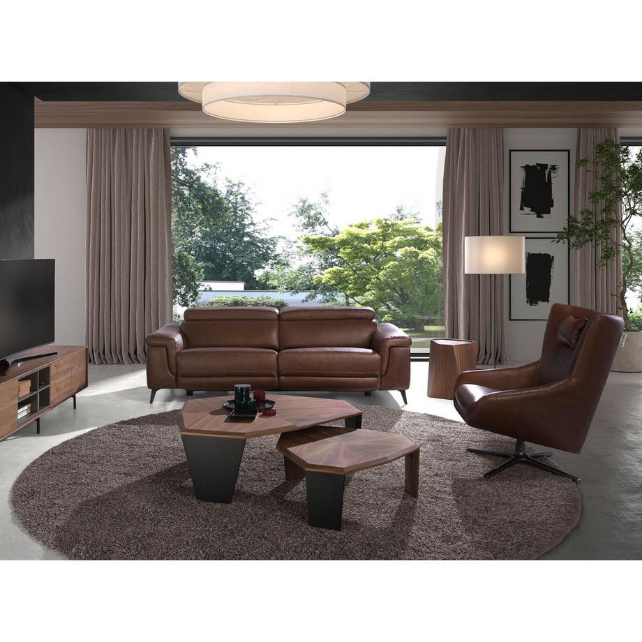 ANGEL CERDA Table d'angle triangulaire en porcelaine, marbre et noyer  