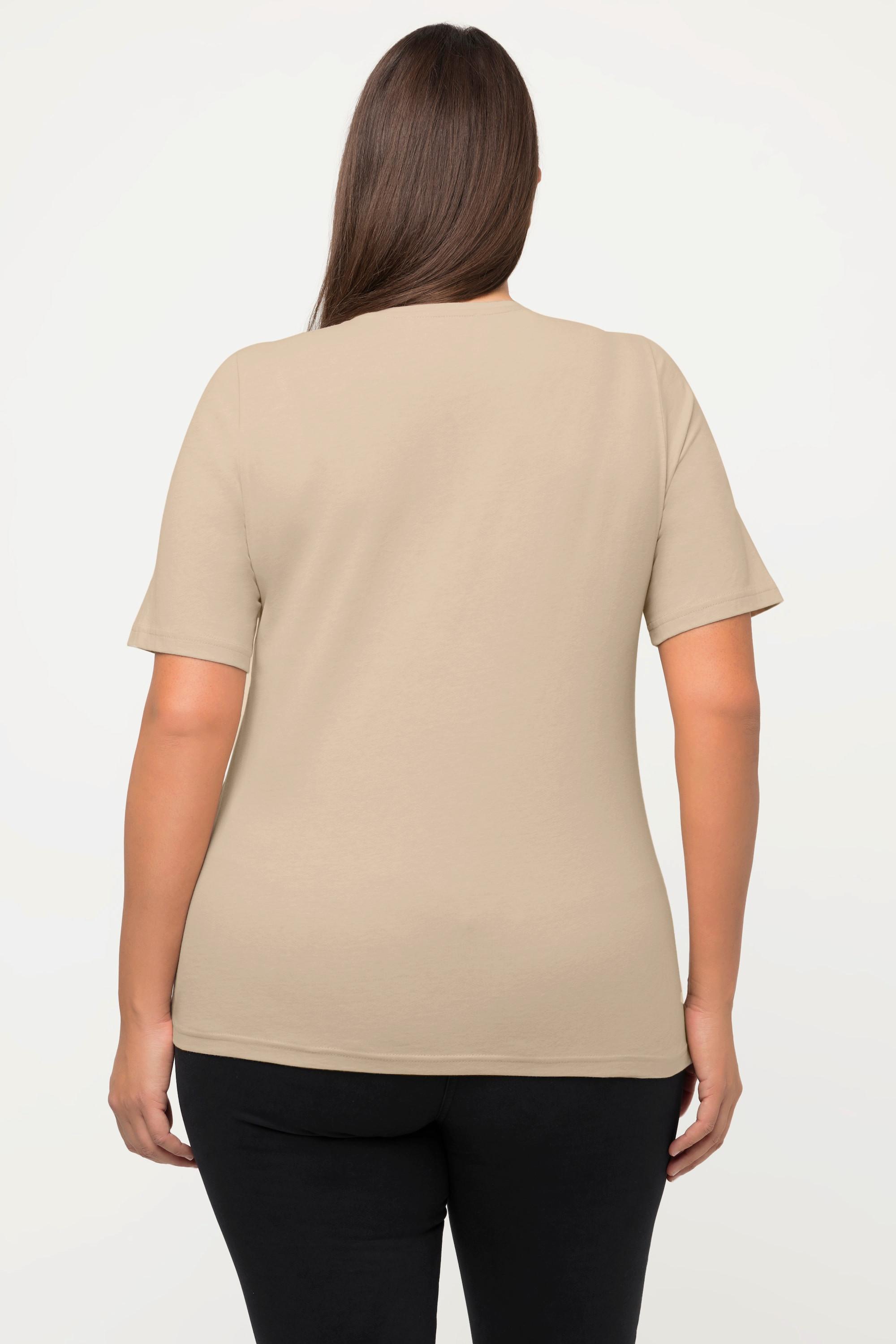 Ulla Popken  T-shirt di cotone biologico con PURE, scollatura a V e mezze maniche 