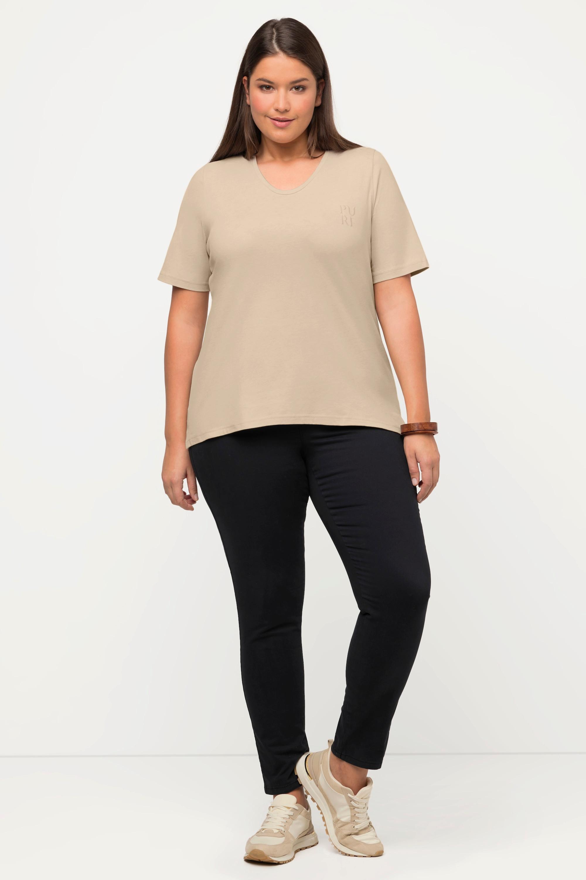 Ulla Popken  T-shirt di cotone biologico con PURE, scollatura a V e mezze maniche 