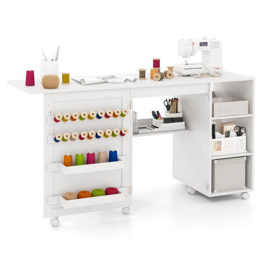 Northix Table de couture 2 en 1, bureau pliable, station de machine à coudre multifonctionnelle avec étagères blanches  