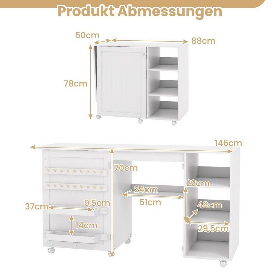Northix Table de couture 2 en 1, bureau pliable, station de machine à coudre multifonctionnelle avec étagères blanches  