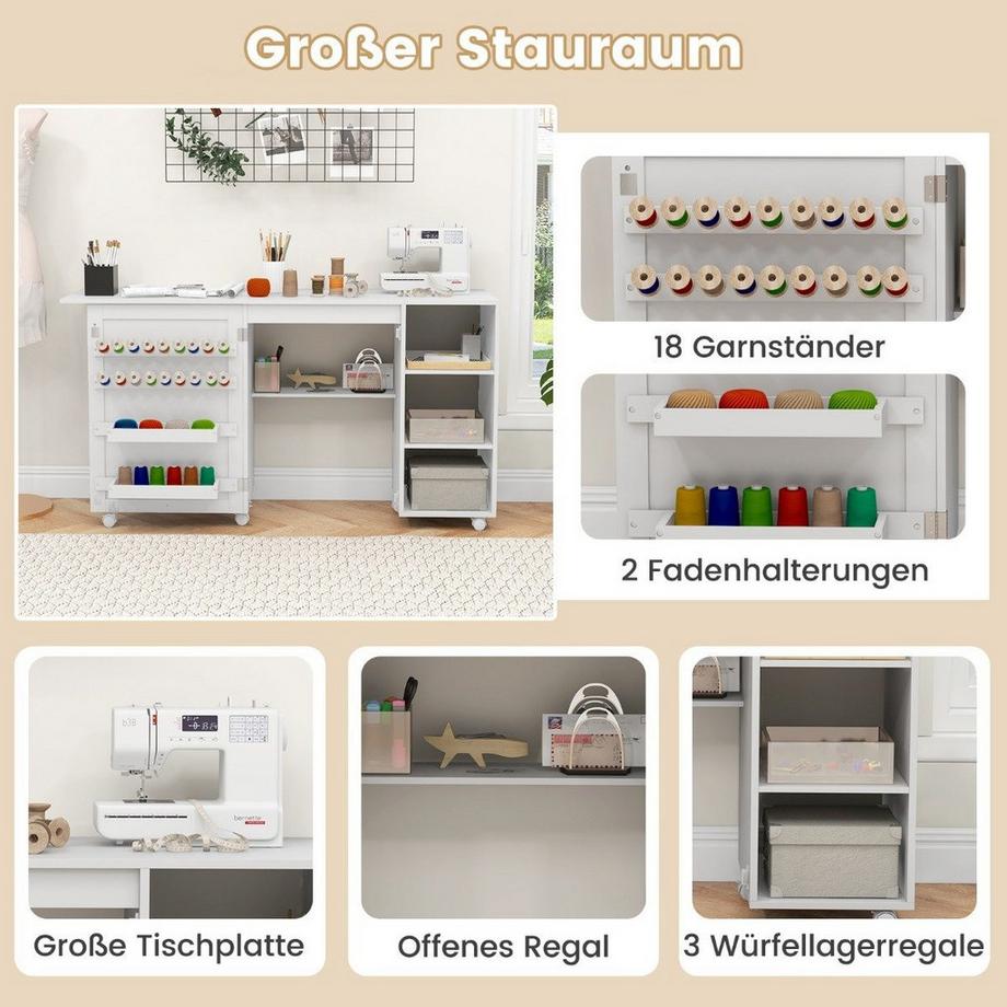 Northix Table de couture 2 en 1, bureau pliable, station de machine à coudre multifonctionnelle avec étagères blanches  