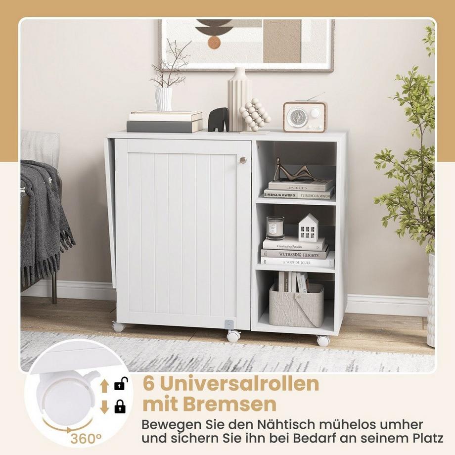 Northix Table de couture 2 en 1, bureau pliable, station de machine à coudre multifonctionnelle avec étagères blanches  
