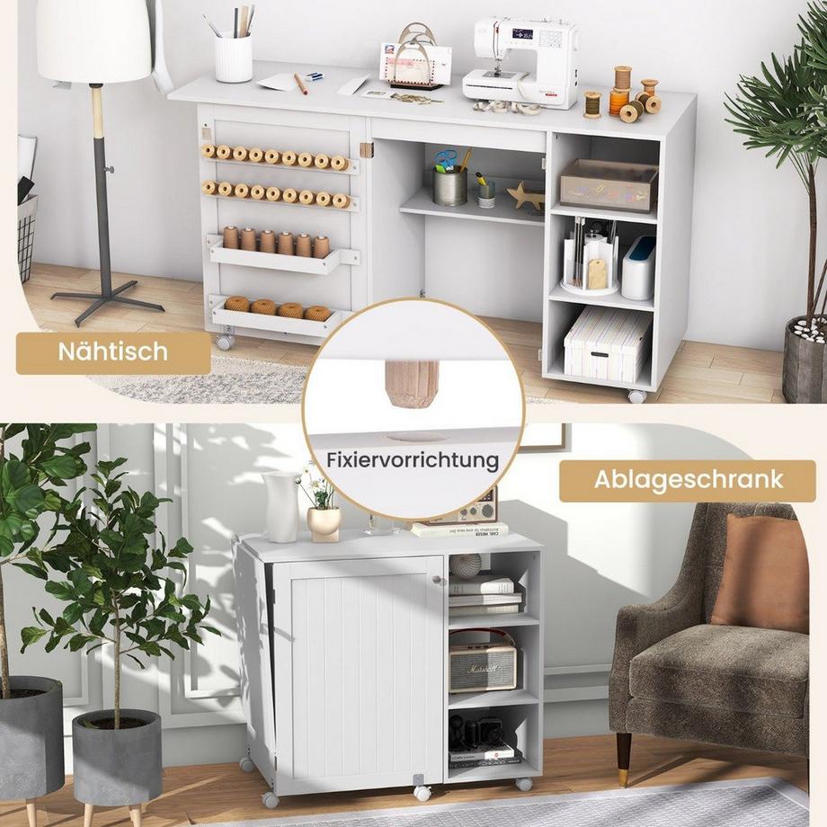 Table de couture 2 en 1, bureau pliable, station de machine à coudre multifonctionnelle avec étagères blanches