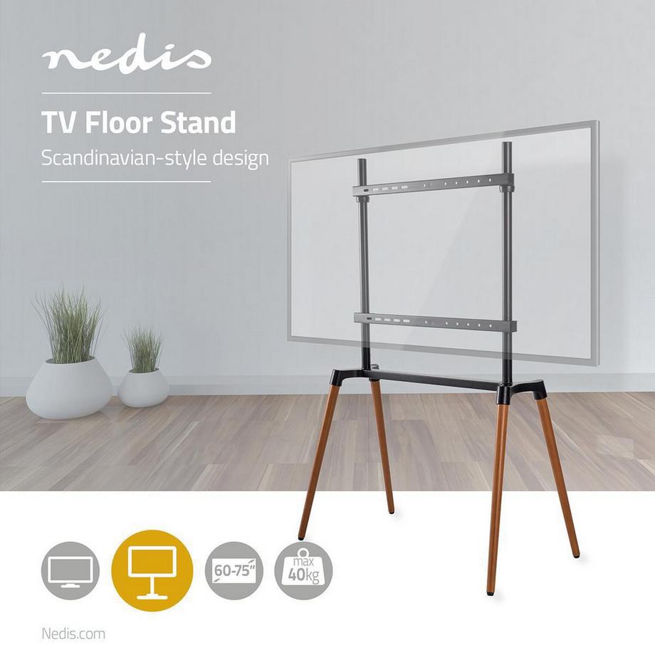 Nedis  TV Bodenständer | 60 - 75  | maximal unterstützes Bildschirmgewicht: 40 kg | Scandinavian Design | Anti-Kipp-Gurt | Schnappverschluss | Aluminium / Stahl | Schwarz 