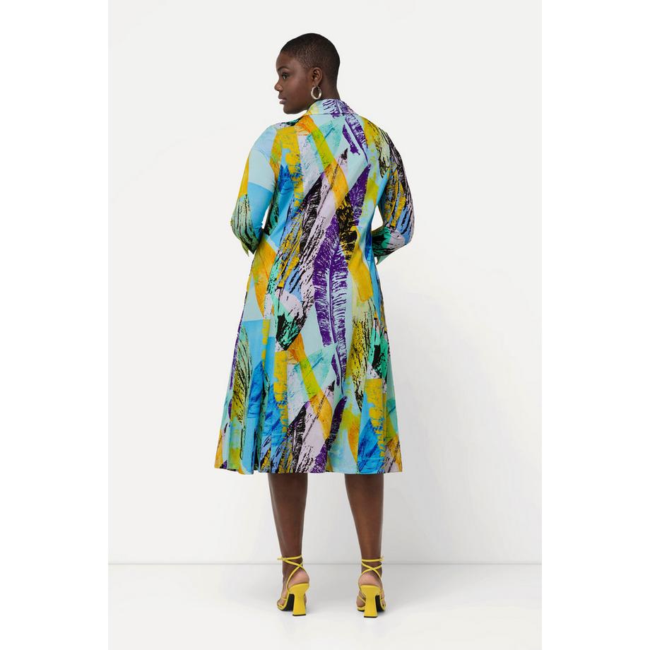 Ulla Popken Abito Slinky Piqué Linea A Collo Camicia Scollo V Maniche 3/4  