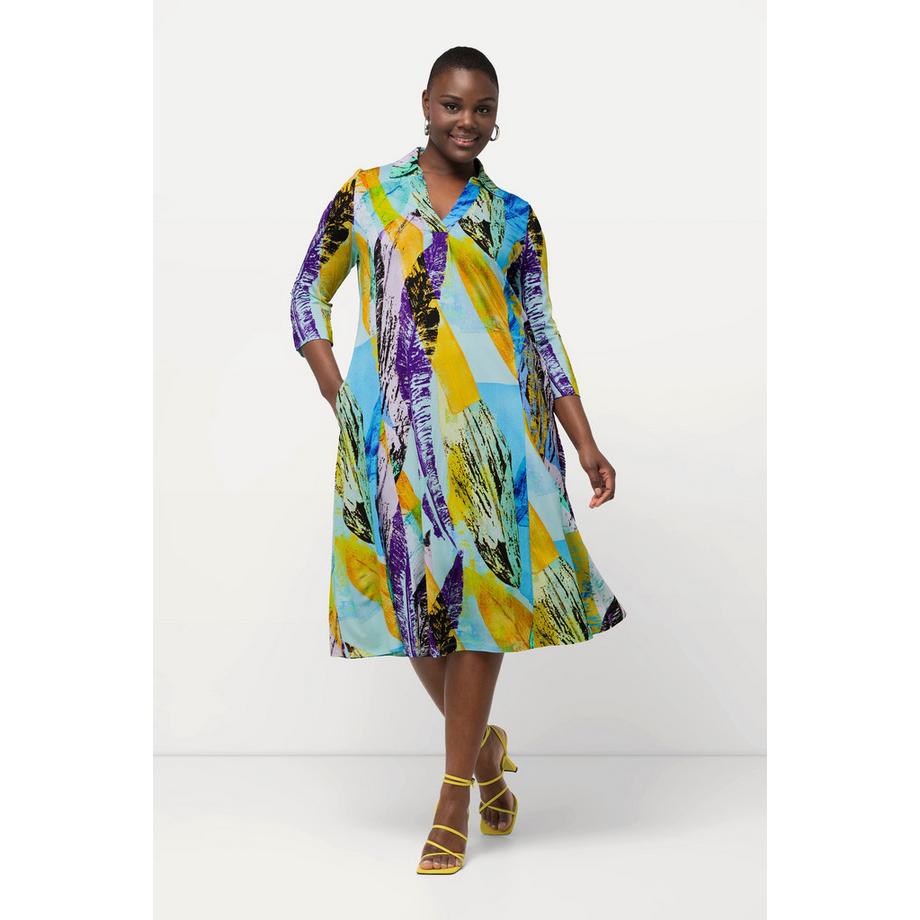 Ulla Popken Abito Slinky Piqué Linea A Collo Camicia Scollo V Maniche 3/4  