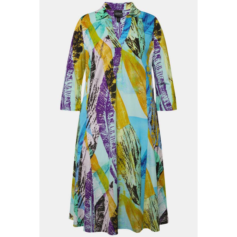 Ulla Popken Abito Slinky Piqué Linea A Collo Camicia Scollo V Maniche 3/4  