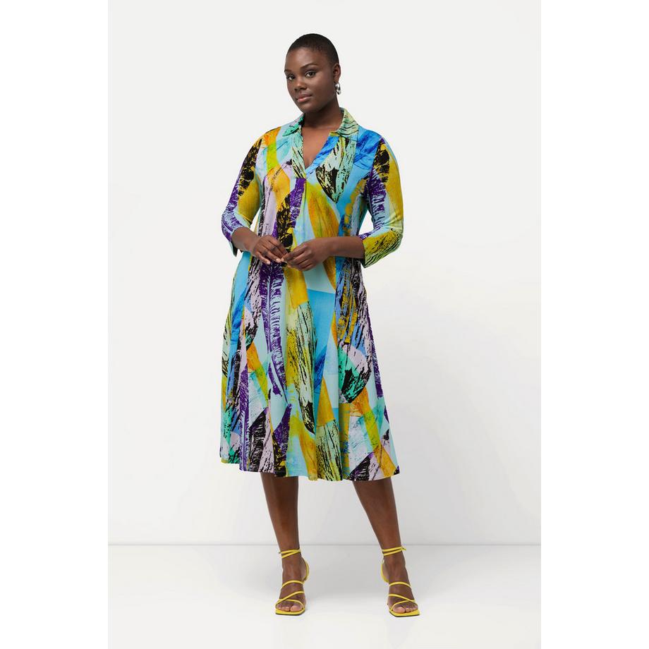 Ulla Popken Abito Slinky Piqué Linea A Collo Camicia Scollo V Maniche 3/4  