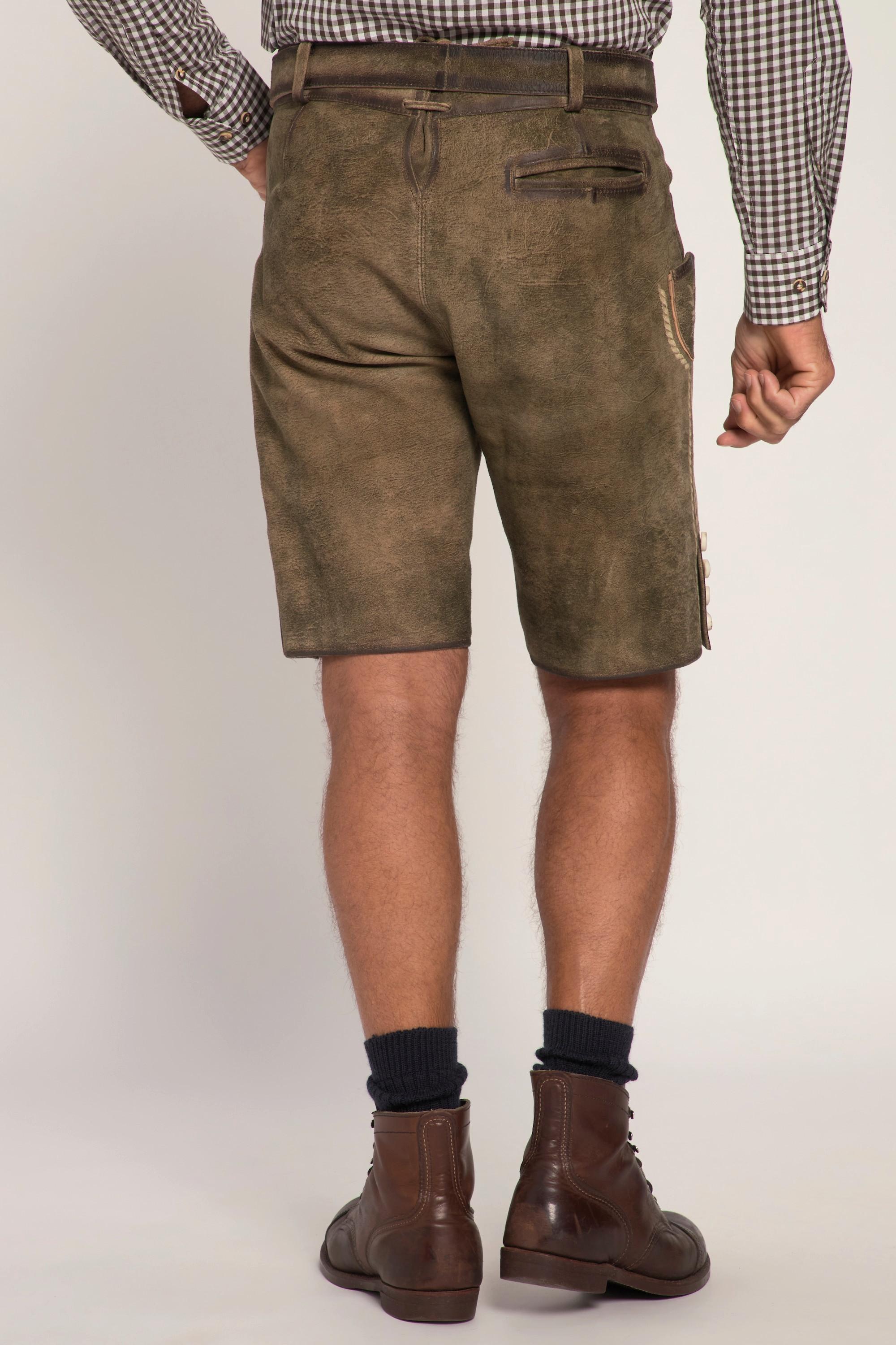 JP1880  Lederhosen in tradizionale stile Tracht in pelle di capra con ricami tradizionali e cintura di pelle in omaggio 