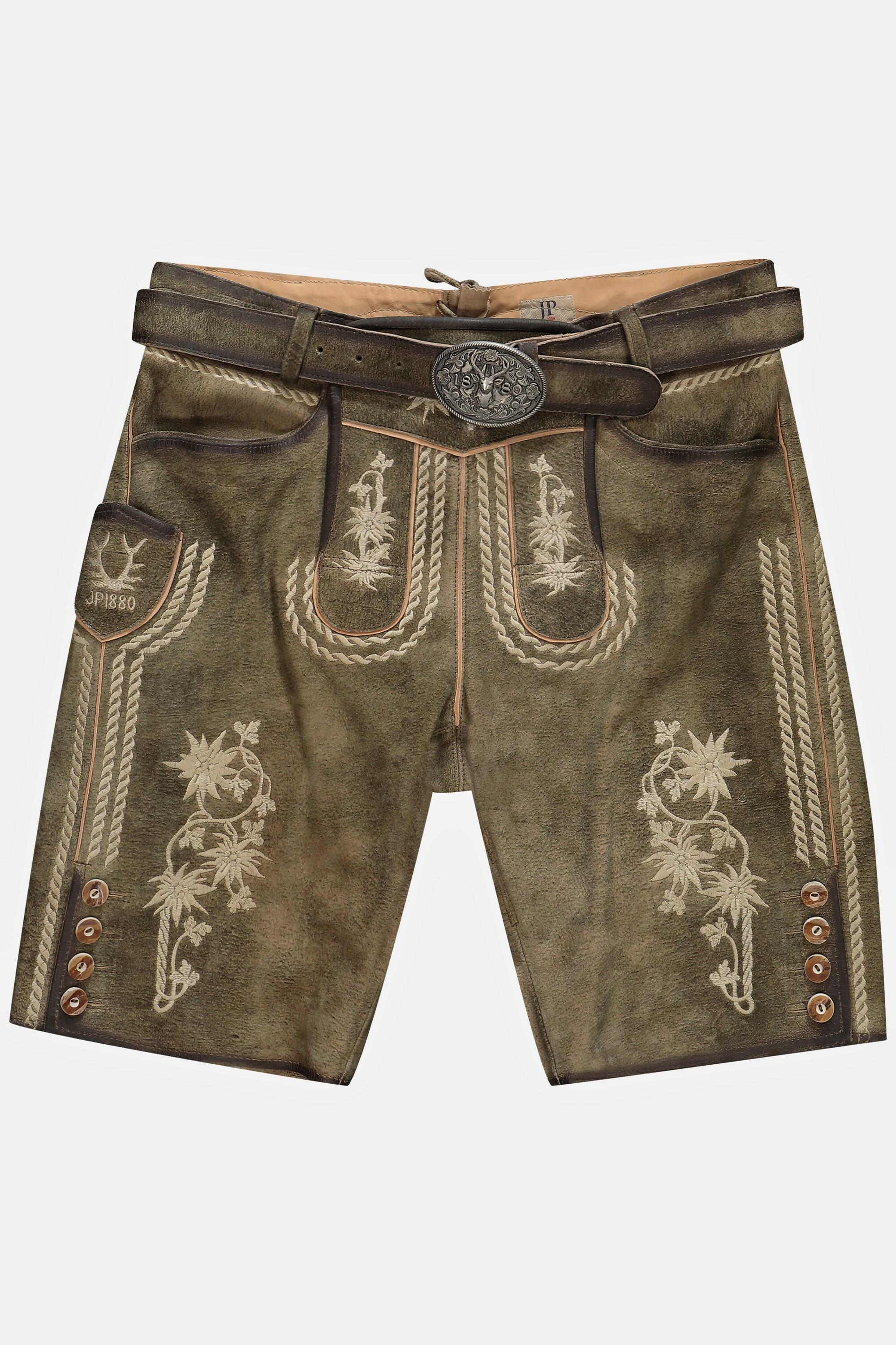 JP1880  Lederhosen in tradizionale stile Tracht in pelle di capra con ricami tradizionali e cintura di pelle in omaggio 