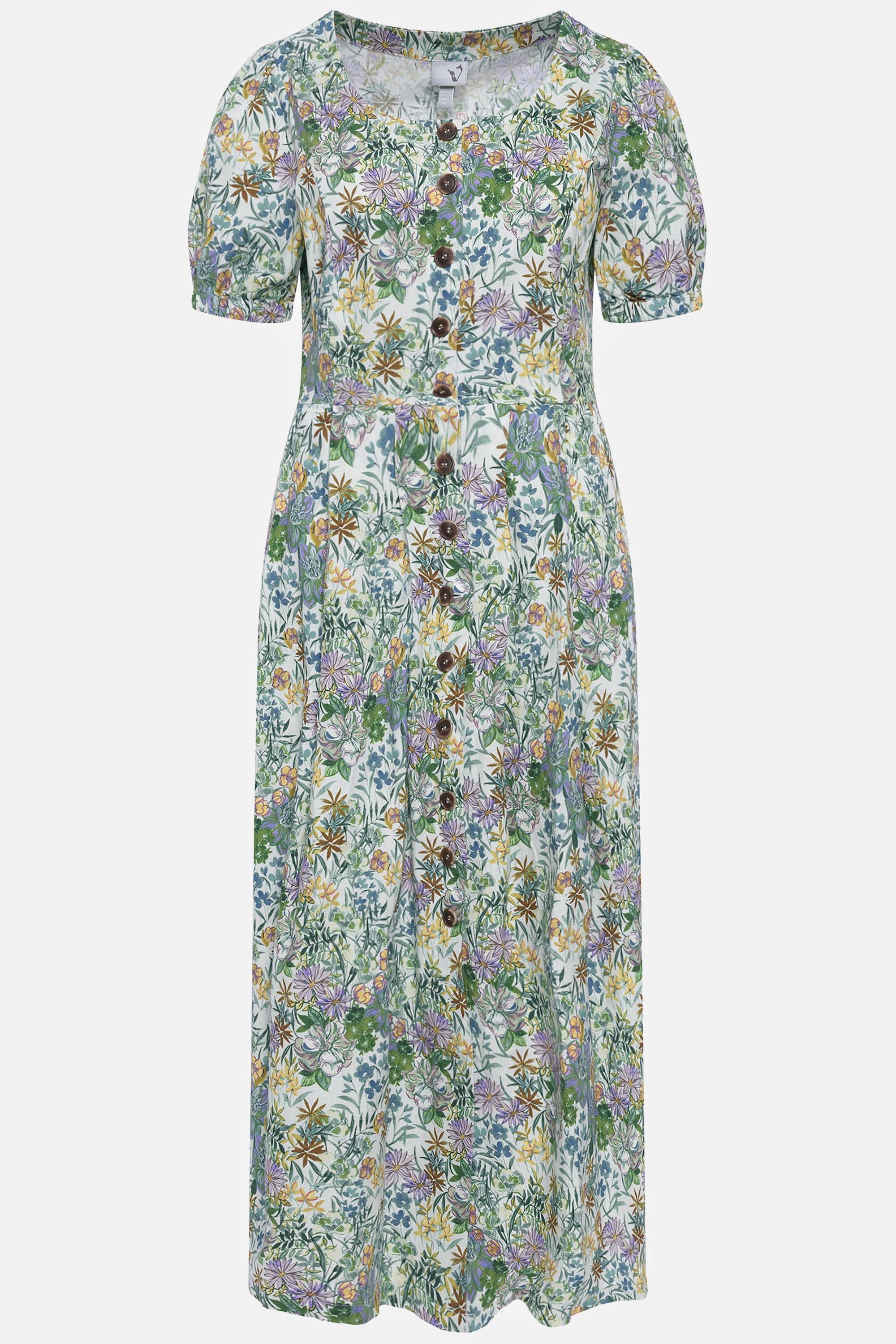 Ulla Popken  Robe midi, fleurs, lin mélangé, col rond, manches bouffantes 