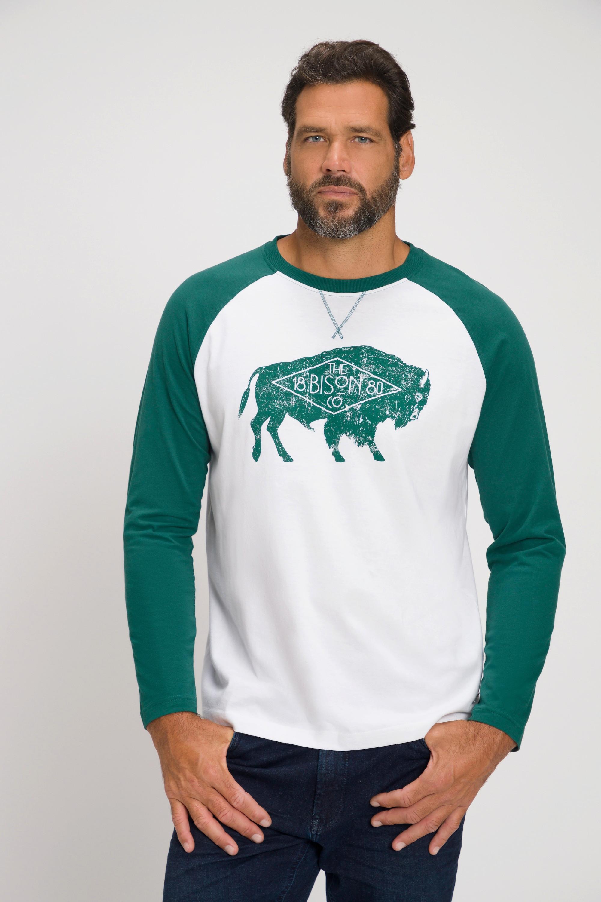 JP1880  T-shirt bicolore con maniche lunghe e stampa con bisonte 