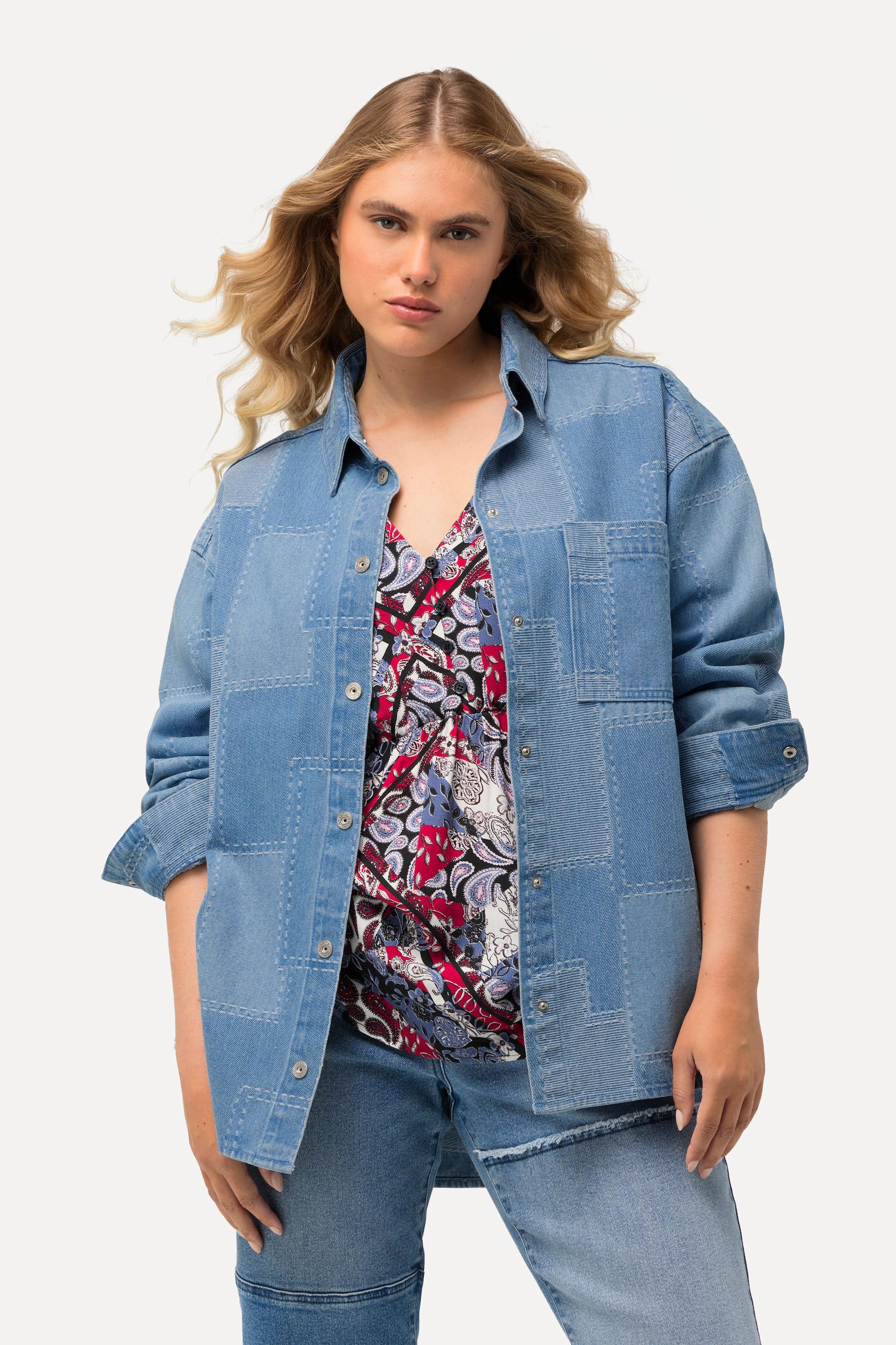 Ulla Popken  Camicia di jeans dal taglio oversize con effetto patchwork, collo da camicia e maniche lunghe 