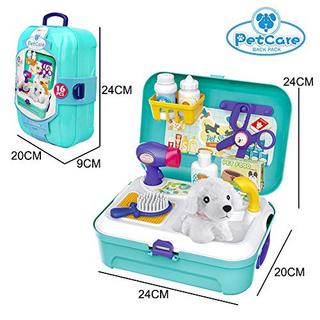 Activity-board  Ensemble de jeu vétérinaire pour salon de chien, ensemble pour animaux de compagnie dans une valise, petit sac à dos, jouet de jeu de rôle avec 16 pièces 