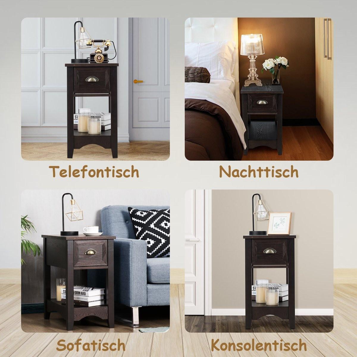 B2X Retro Beistelltisch mit Schublade & Ablage Gummiholzbeine für Wohnzimmer & Schlafzimmer Walnuss  