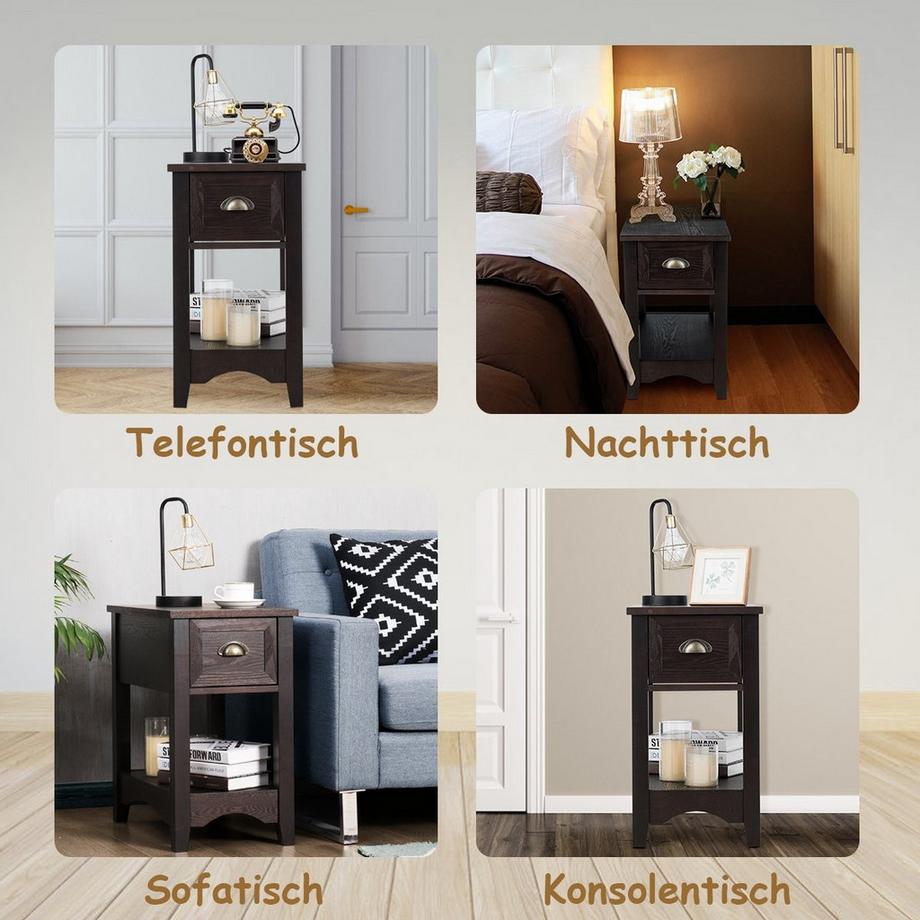 B2X Retro Beistelltisch mit Schublade & Ablage Gummiholzbeine für Wohnzimmer & Schlafzimmer Walnuss  