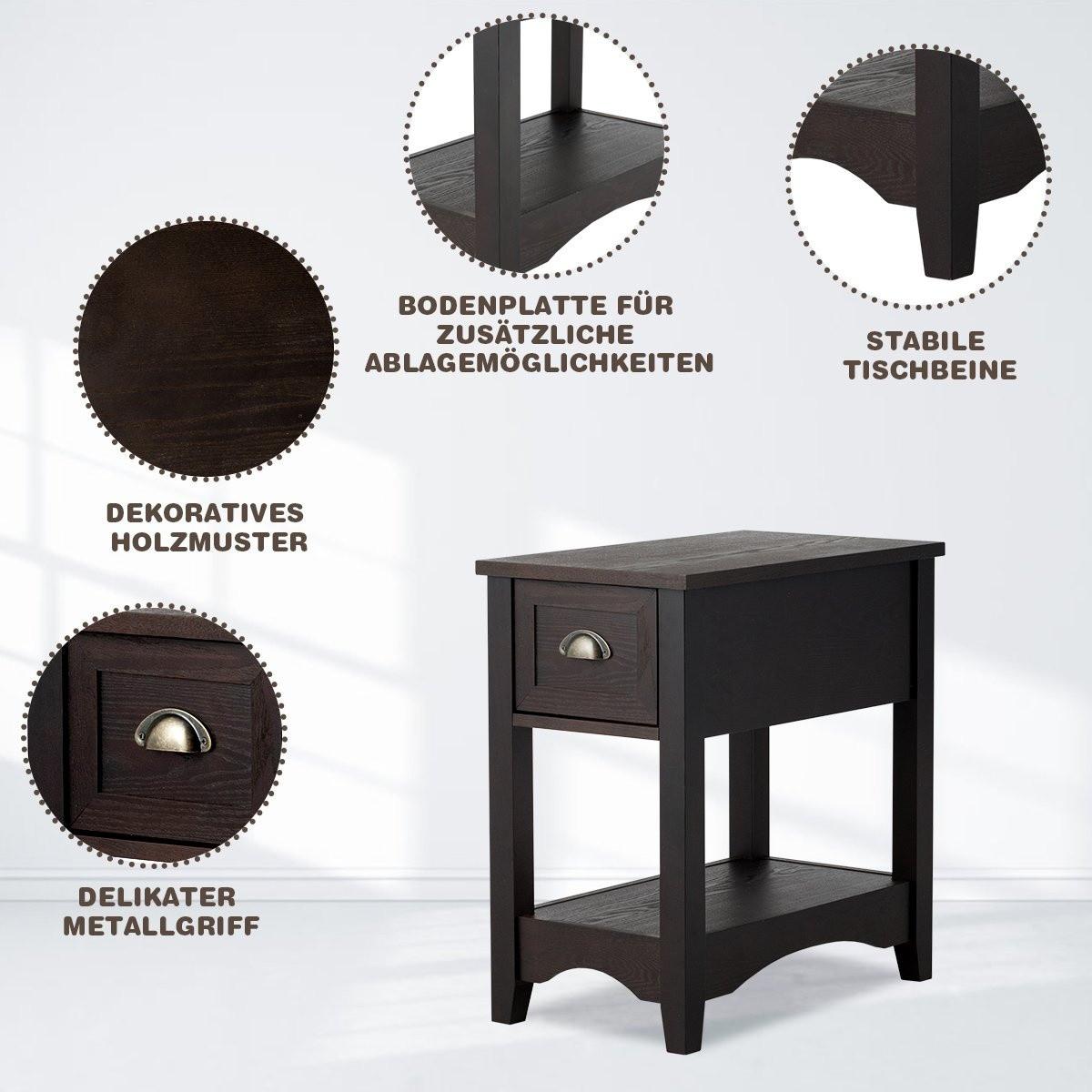 B2X Retro Beistelltisch mit Schublade & Ablage Gummiholzbeine für Wohnzimmer & Schlafzimmer Walnuss  