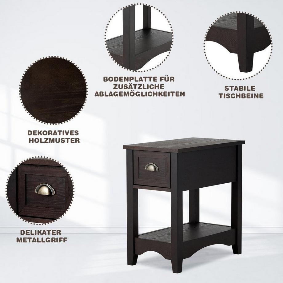 B2X Retro Beistelltisch mit Schublade & Ablage Gummiholzbeine für Wohnzimmer & Schlafzimmer Walnuss  