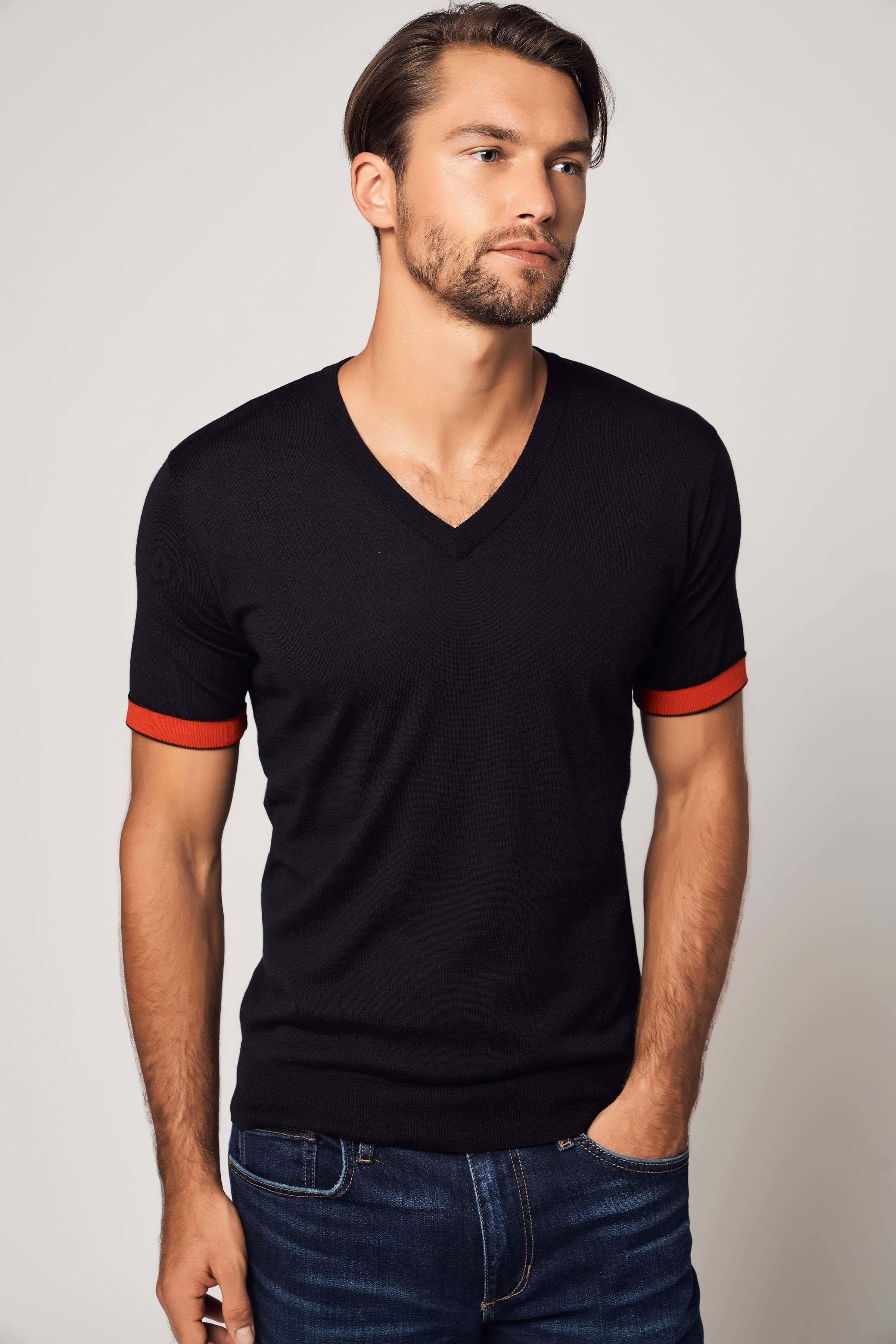 Image of Gestreiftes Kurzarm-kaschmir-t-shirt Herren Schwarz XL