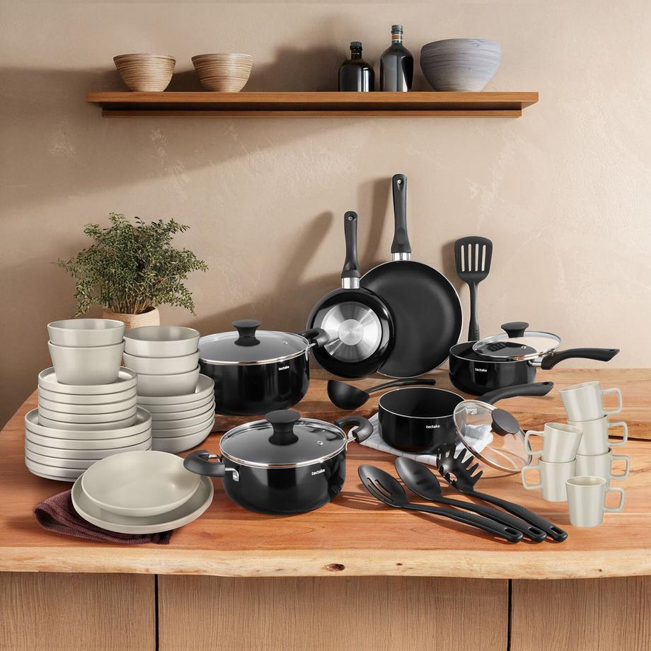 Tectake Set de cuisine UNA et VARESE service de vaisselle en grès émaillé 45 pièces  