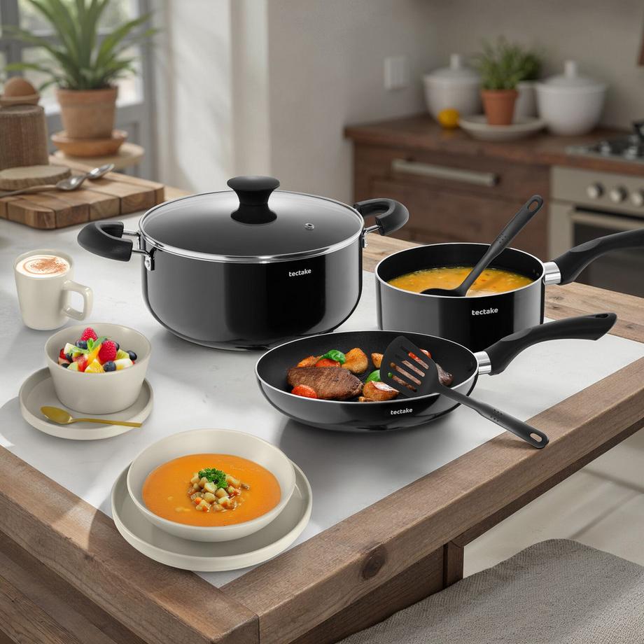 Tectake Set de cuisine UNA et VARESE service de vaisselle en grès émaillé 45 pièces  