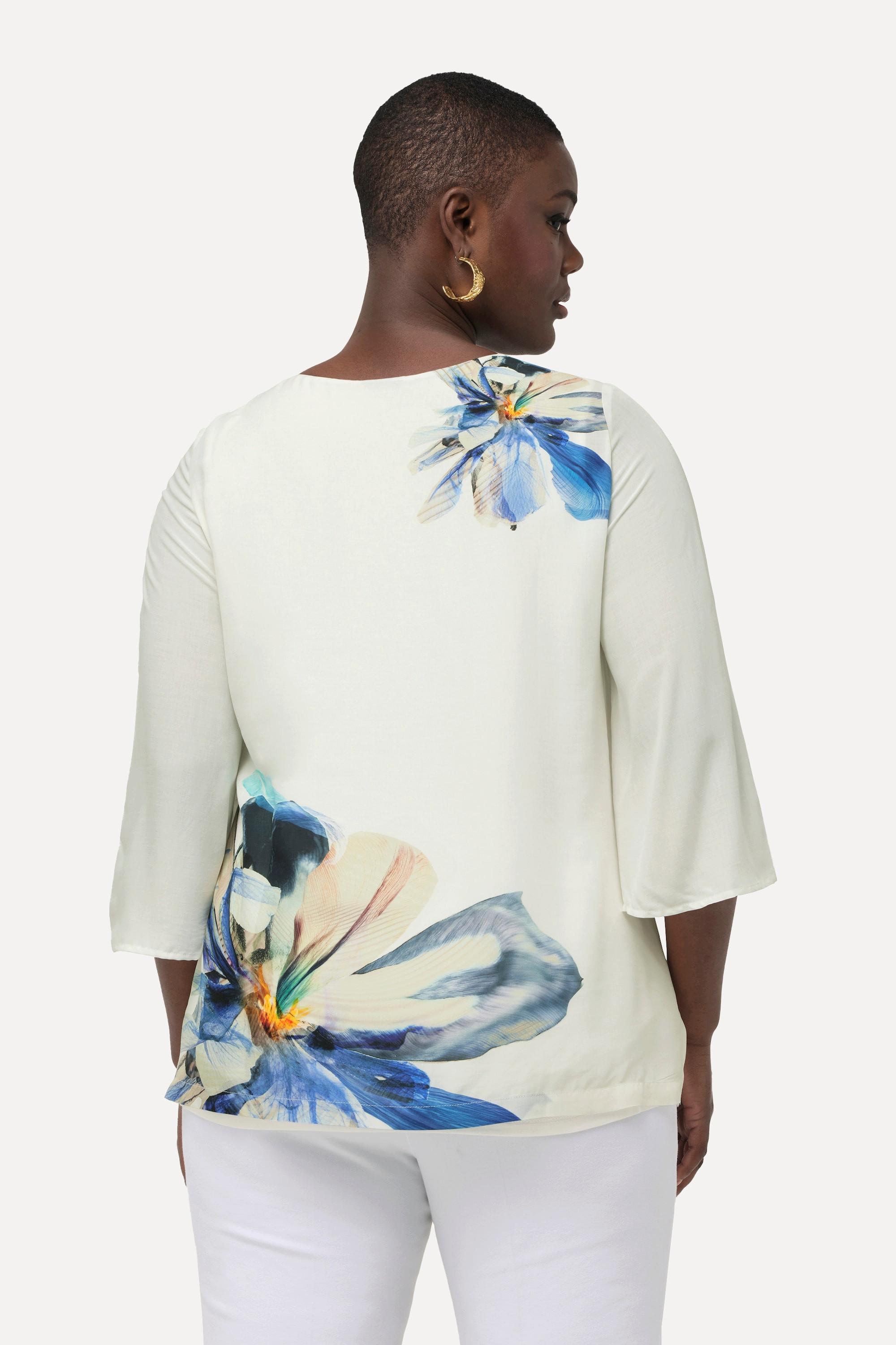 Ulla Popken  Blouse oversized à fleurs, encolure en V et manches 3/4 en cloche 