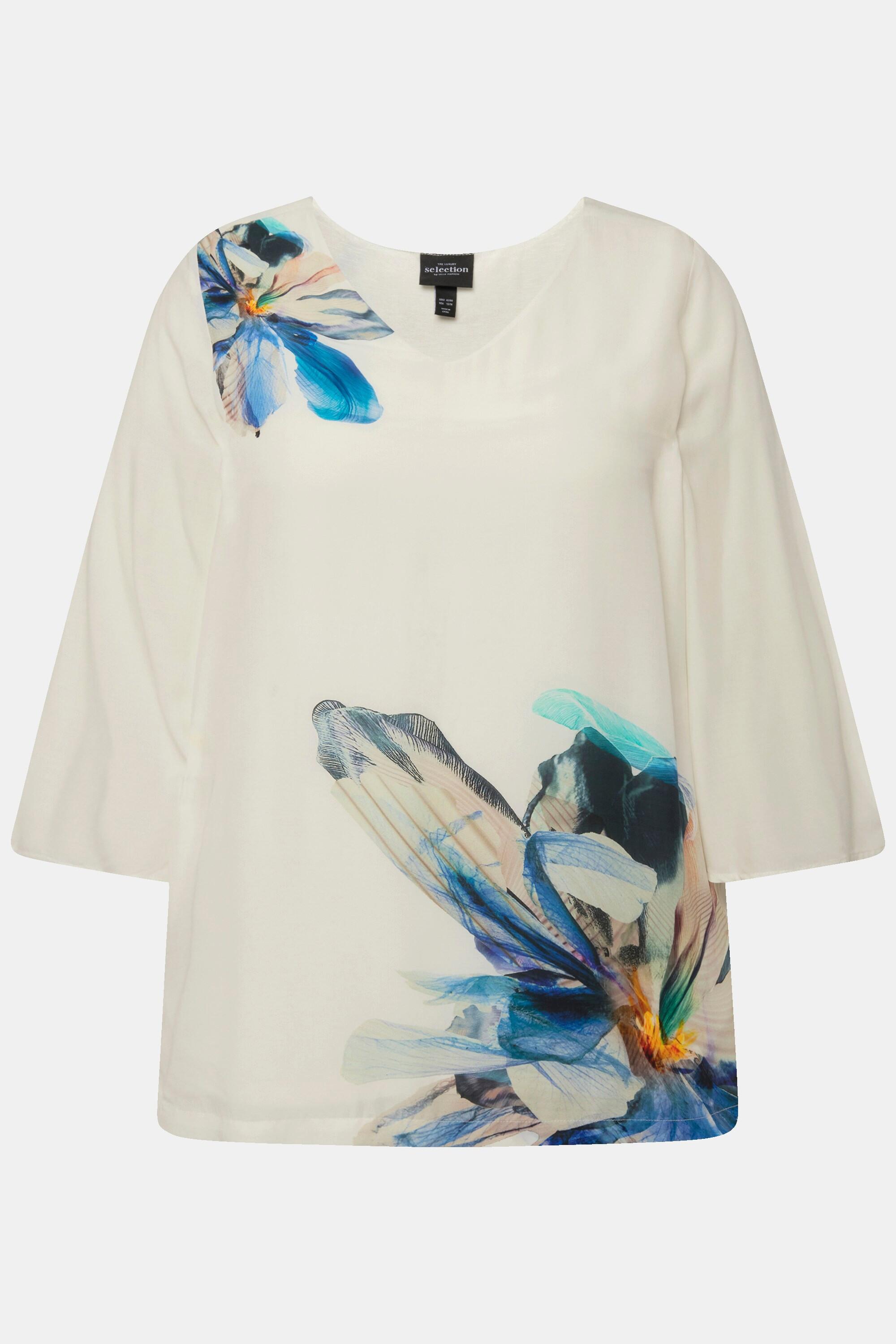 Ulla Popken  Blouse oversized à fleurs, encolure en V et manches 3/4 en cloche 