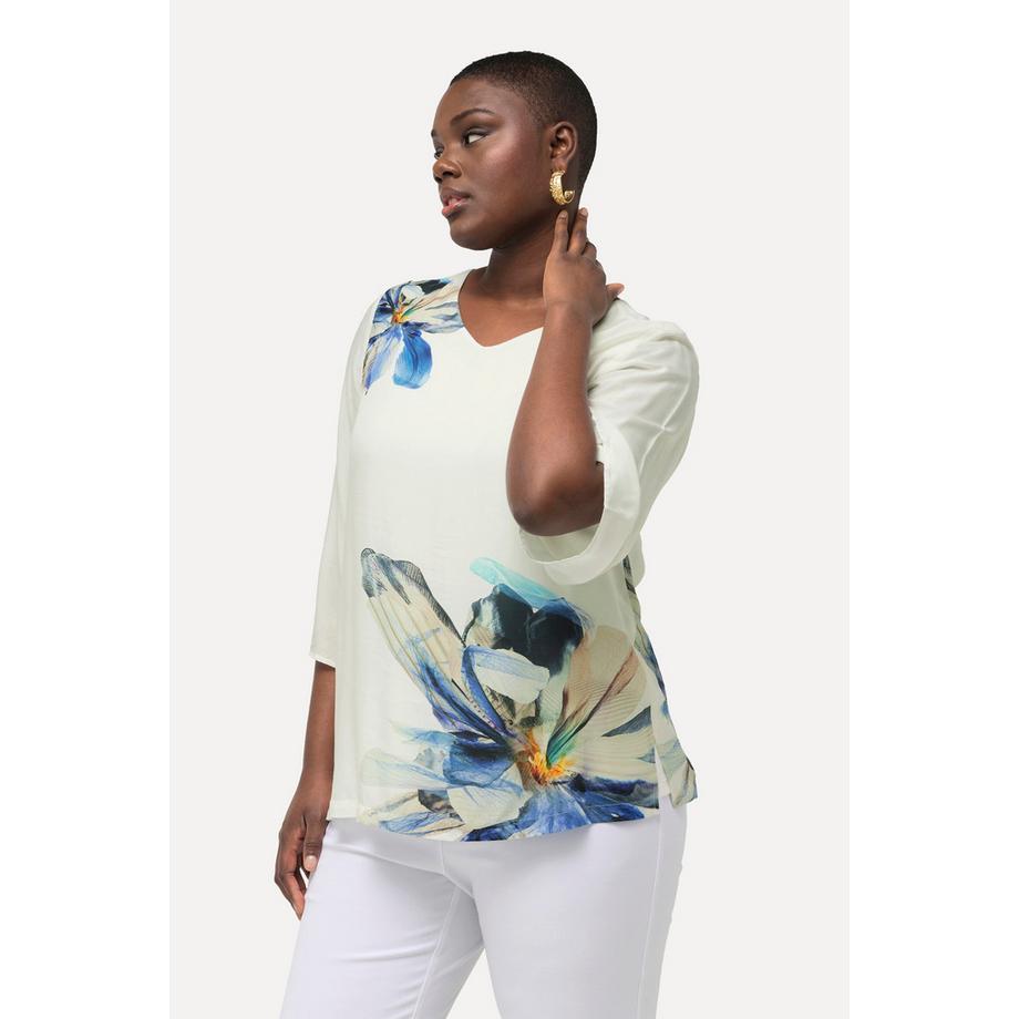 Ulla Popken Blouse à fleurs Encolure en V Manches 3/4 Cloche Oversized  