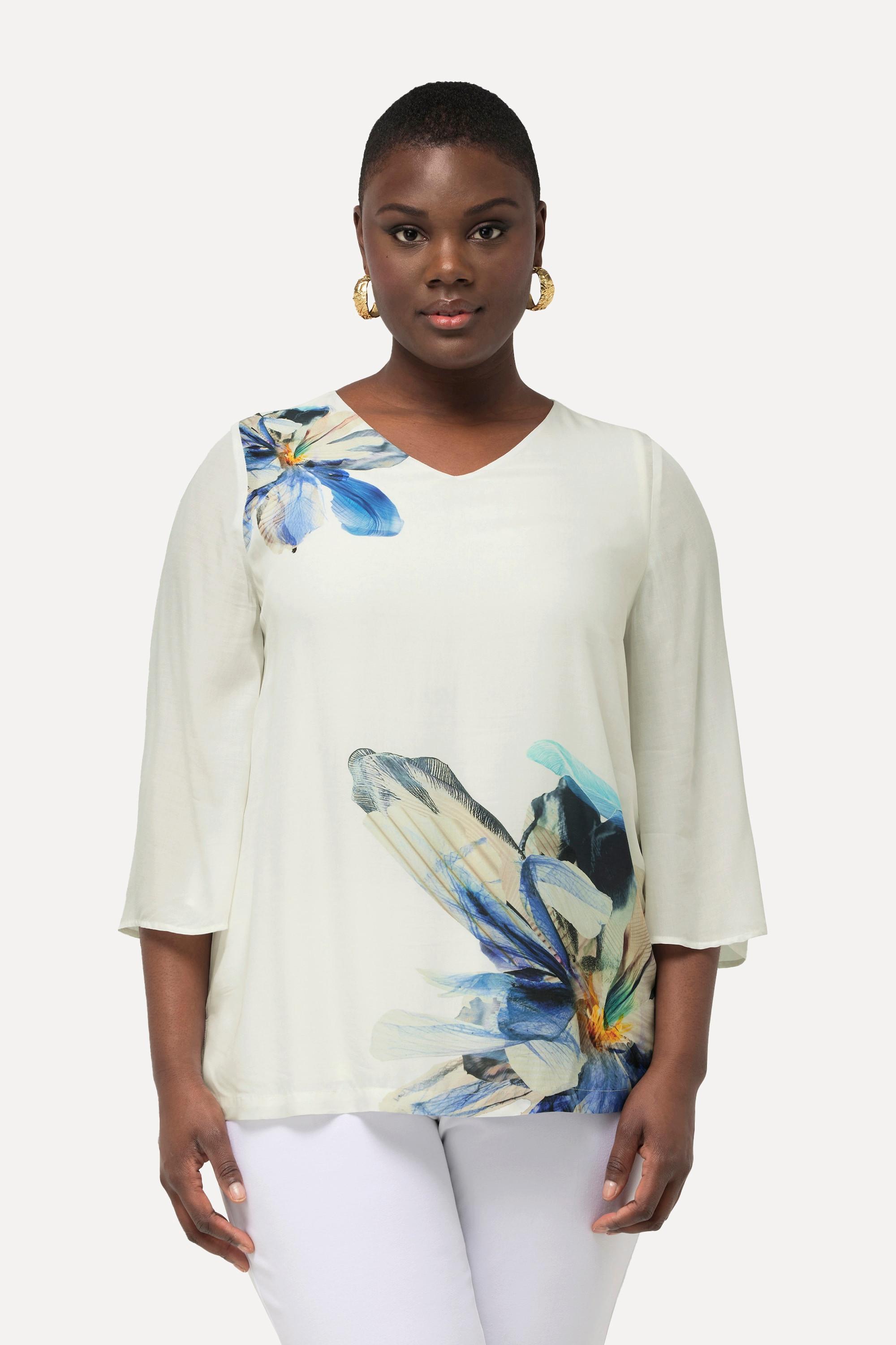 Ulla Popken  Bluse, Blüten, Oversized, V-Ausschnitt, 3/4-Glockenärmel 