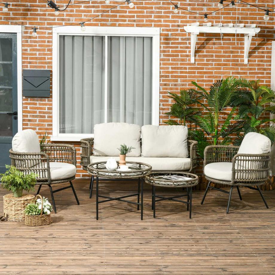 Northio  Gartenmöbel-Set 5 tlg Rattan Sitzgarnitur mit Kissen 2 Sessel 2 Couchtische 1 Doppelsofa Balkonmöbel im Boho-Stil für 4 Personen Alu Braun 