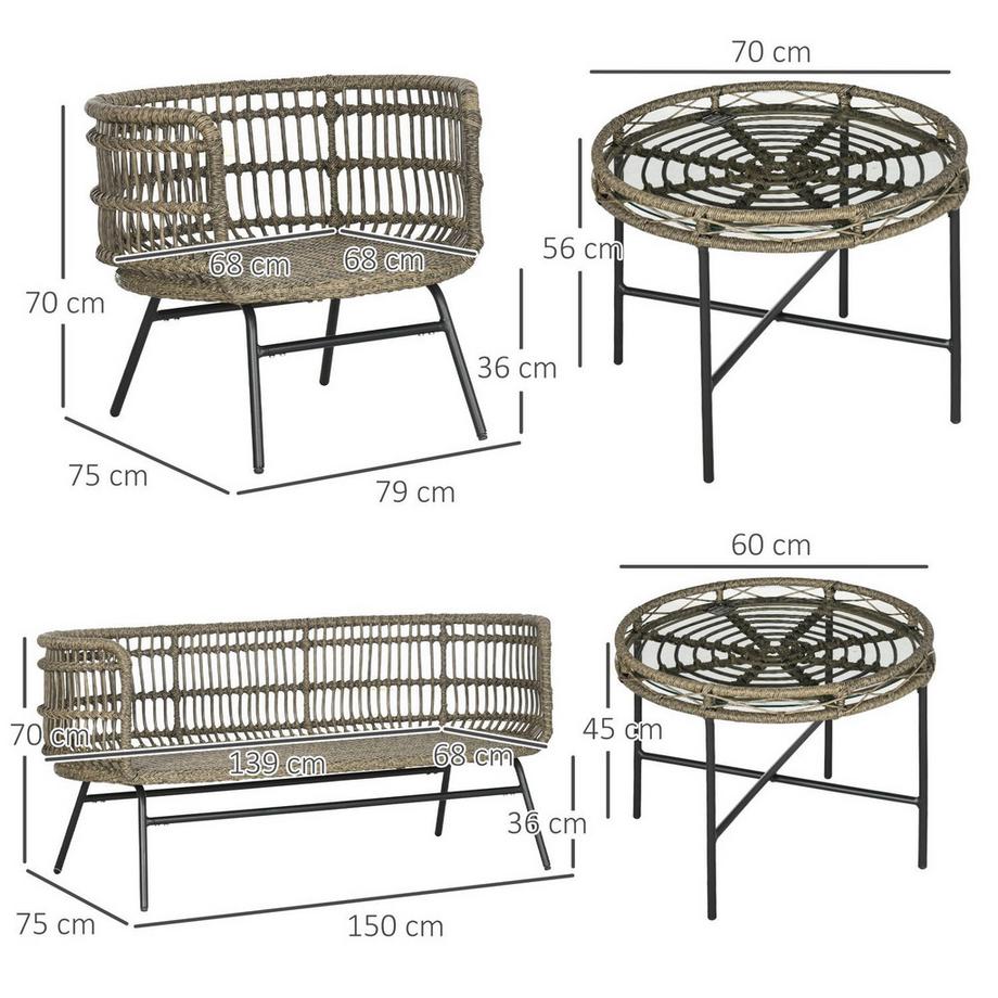Northio  Gartenmöbel-Set 5 tlg Rattan Sitzgarnitur mit Kissen 2 Sessel 2 Couchtische 1 Doppelsofa Balkonmöbel im Boho-Stil für 4 Personen Alu Braun 