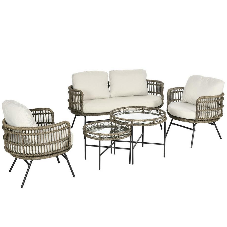Northio  Gartenmöbel-Set 5 tlg Rattan Sitzgarnitur mit Kissen 2 Sessel 2 Couchtische 1 Doppelsofa Balkonmöbel im Boho-Stil für 4 Personen Alu Braun 